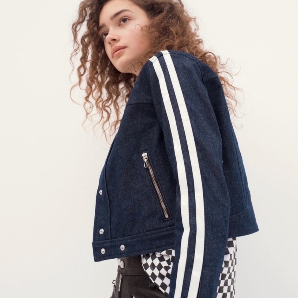 Rag & Bone Denim Striped Toni Moto Racer Jacket in Vintage Indigo Size 4 US
